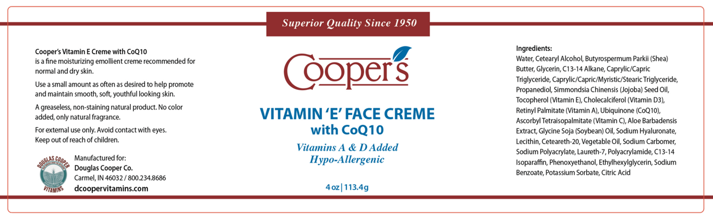 Face Cream CoQ10 & E: 4 oz Jar (WHITE- No Scent)