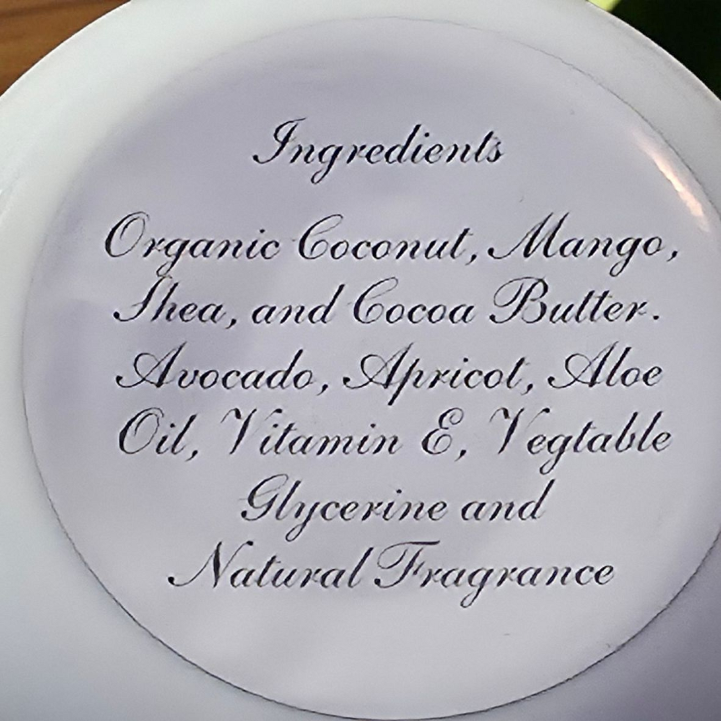 Manteca corporal: 4oz Orgánica: Coco, Mango, Karité, Cacao, Aguacate, Albaricoque, Aloe y Vitamina E