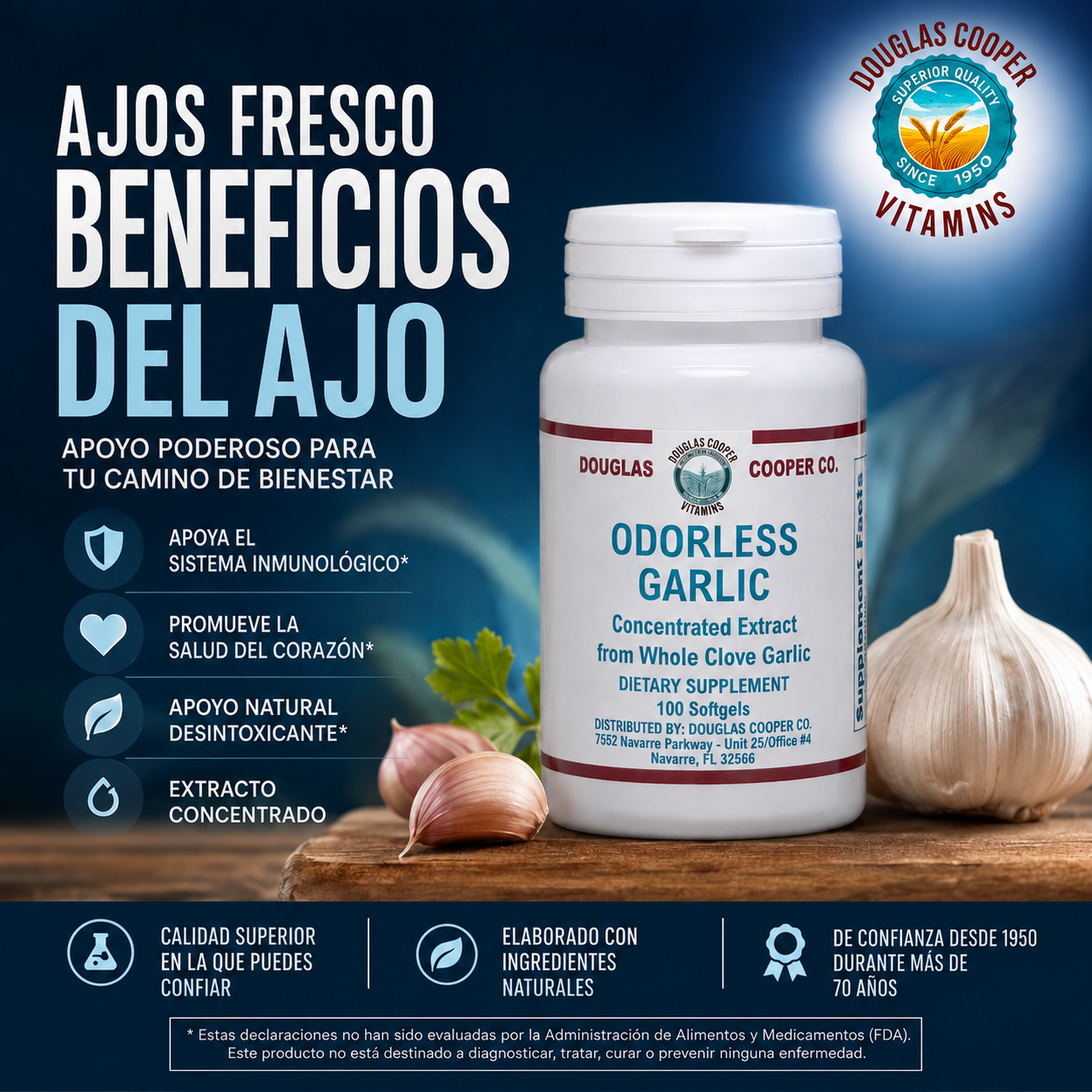 Extracto de ajo: concentrado (sin olor), 100 cápsulas blandas